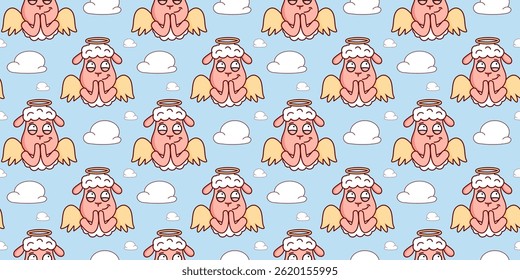 Padrão suave sem emenda com desenho animado anjo ovelha com halos e asas, cercado por nuvens fofas em um fundo azul suave. Ideal para itens de bebê, decoração infantil e temas espirituais