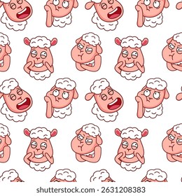 Cute seamless pattern featuring cartoon sheep with various emotions on a clean white background.