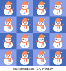 Cute seamless pattern featuring cheerful cartoon snowmen arranged in bright squares. Winter-themed geometric design perfect for Christmas wrapping paper, children’s textiles, greeting cards
