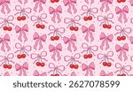 Cute seamless pattern featuring cherries and delicate bows in trendy coquette style. Feminine and flirty design ideal for backgrounds, fabric, gift wrap, or lifestyle branding.