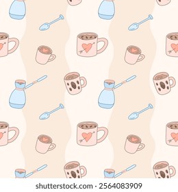 A cute seamless pattern featuring coffee cups, spoons, and hearts