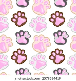 Cute seamless pattern featuring colorful cat paw prints in pastel shades of pink, brown, and gray. Perfect for fabric, wallpaper, stationery, and pet-themed designs. High-quality vector illustration.