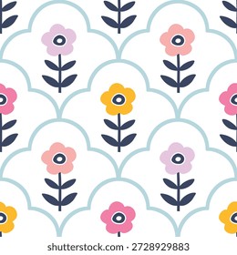 Cute seamless pattern featuring colorful flower icons on white background. Stylish doodle floral ornament for nursery textiles, fabric and gift packaging. Modern minimalist design with pastel daisies