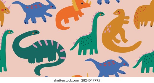 Cute seamless pattern featuring colorful hand drawn dinosaurs in soft green, orange and golden tones on a warm peach background. A playful Scandinavian nursery design with friendly prehistoric animals, perfect for baby fabrics, children's textiles, wallpaper and dinosaur-themed decor. 100% hand drawn vector file.