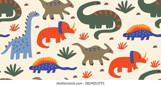 Cute seamless pattern featuring colorful hand drawn dinosaurs wandering among prehistoric plants, fossils and shrubs on a warm paper textured background. A playful Scandinavian Jurassic design in earthy camouflage tones, perfect for nursery fabrics, children's textiles and dinosaur-themed decor. 100% hand drawn vector file.