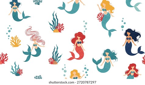 Cute seamless pattern featuring diverse mermaids with various hair and tail colors, surrounded by vibrant coral, seaweed, and bubbles.