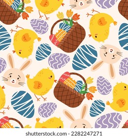 Cute Seamless Pattern Featuring Easter Motifs Such As Bunnies, Eggs, And Chicks In Bright Colors. Design For Easter Products, Greeting Cards, Wrapping Paper And Home Decor. Cartoon Vector Illustration