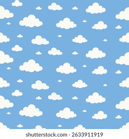 Cute seamless pattern featuring fluffy white clouds on a bright blue background. Minimalistic and clean sky design, ideal for children’s products, fabric prints, wallpapers, wrapping paper