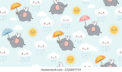 Lindo patrón sin fisuras con elefantes voladores grises con alas y paraguas de colores en un cielo lluvioso y soleado.