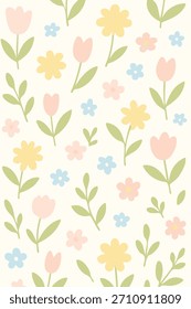 Cute seamless pattern featuring hand-drawn pastel tulips, daisies, and small flowers on a cream background.
