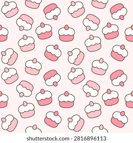 Cute seamless pattern featuring hand-drawn pink cupcakes with white cream frosting arranged in a playful scattered repeat on a soft pastel background. Sweet kawaii dessert design ideal for bakery packaging, birthday backgrounds, kids textiles, wrapping paper, wallpaper, stationery, fabric prints and surface pattern projects.