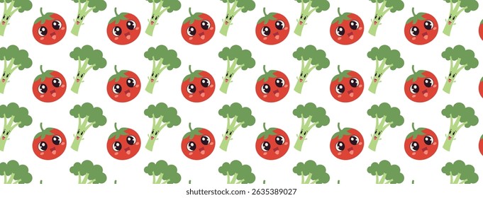 Cute seamless pattern featuring kawaii-style tomato and broccoli characters. Perfect for kids' products, packaging, kitchen , and healthy food-themed designs. Bright, fun,