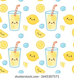 Um bonito padrão sem emenda com limonada em um copo, cubos de gelo, limões inteiros e fatias de citros. Desenhado à mão em estilo kawaii. Design de verão brilhante e divertido.