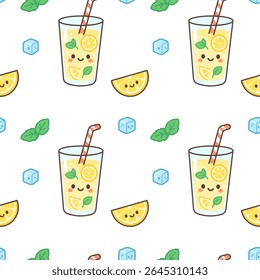 Padrão perfeito bonito com vidro limonada com fatias de citros, cubos de gelo e folhas de hortelã em estilo plano kawaii. Perfeito para embalagens de verão, fundos digitais e impressões têxteis.