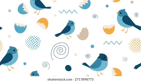 Lindo patrón sin fisuras con pequeños pájaros azules y cáscaras de huevo rotas entre Formas abstractas, perfecto para diseños de temática de primavera y nacimiento.