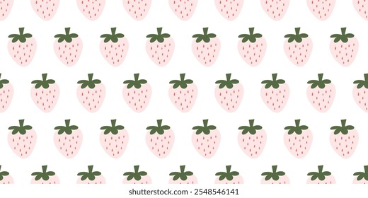 Lindo patrón sin fisuras con fresas de color rosa pastel con hojas verdes sobre un fondo blanco limpio. Ideal para diseño textil, Fondo de pantalla y proyectos creativos.