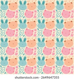 Cute seamless pattern featuring pastel bunnies, bears, and cats with floral and geometric elements. Ideal for children’s products, textile prints, baby clothes, wrapping paper, or nursery wall art.