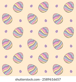 Cute seamless pattern featuring pastel-colored Easter eggs with wavy stripes on a beige background. Perfect for festive decorations and designs-Vector illustration