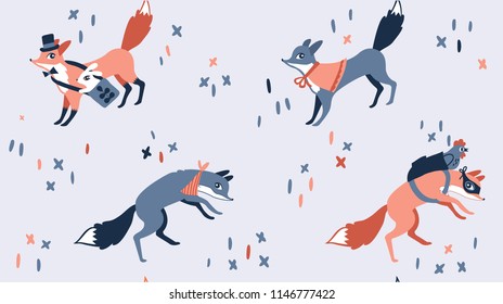 Cute seamless pattern featuring playful and mischievous foxes, stealing bunny and chicken. Modern and stylish, perfect for nursery / children's textile designs.