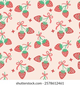 Cute seamless pattern featuring red strawberries with green leaves and coquette bows on a pastel background, ideal for fabric, wallpaper, and textiles