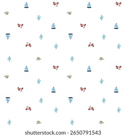 Cute seamless pattern featuring small hand-drawn summer-themed icons including crabs, sailboats, scooters, turtles, surfboards, cacti, and sea urchins. Set on a clean white background, this playful de