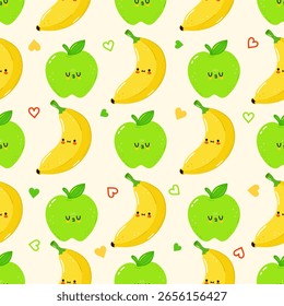 A cute seamless pattern featuring smiling cartoon bananas, green apples, and hearts. Perfect for food-related designs and backgrounds.