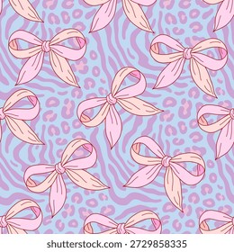 Cute seamless pattern featuring soft pink bows on a pastel zebra-inspired animal print background. Perfect for fabric, wallpaper, wrapping paper, stationery, fashion textiles, and girly coquette design projects.
