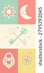 Cute seamless pattern featuring a sun, crescent moon, constellation, crossed keys, heart lock, and compass, vector illustration in pastel colors.