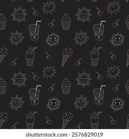 Cute seamless pattern featuring sun, cherries, ice cream, milkshakes, and cupcakes