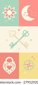 Cute seamless pattern featuring a sun, crescent moon, constellation, crossed keys, heart lock, and compass, vector illustration in pastel colors.