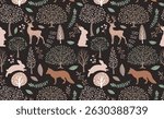 Cute seamless pattern featuring woodland animals in soft pastel colors. Perfect for baby nursery decor, kids fabric, wallpaper and wrapping paper design.