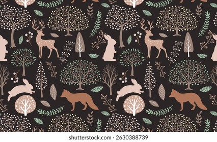 Cute seamless pattern featuring woodland animals in soft pastel colors. Perfect for baby nursery decor, kids fabric, wallpaper and wrapping paper design.
