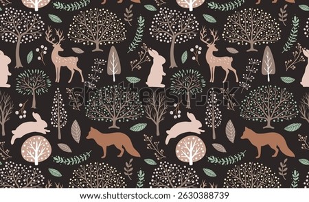 Cute seamless pattern featuring woodland animals in soft pastel colors. Perfect for baby nursery decor, kids fabric, wallpaper and wrapping paper design.
