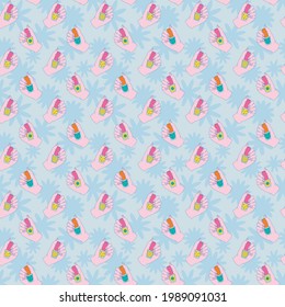 Cute seamless pattern female hand holding nail polish. Vector illustration in soft colors