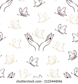 Cute seamless pattern with female hands and butterflies for gift wrap, textile, covers, wallpapers, scrapbook, Valentine's Day, birthday, Mother's Day, wedding. Continuous one line art drawing style.