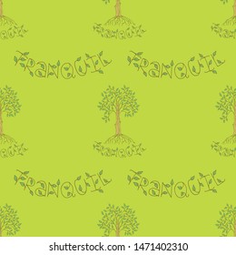 Cute seamless pattern with a ficus with green leaves and roots, lettering. Green background. Hand drawn style illustration. Vector.