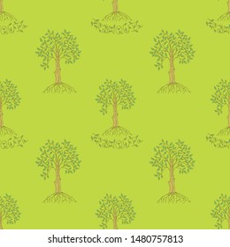 Cute seamless pattern with a ficus with green leaves and roots, lettering. Green background. Hand drawn style illustration. Vector.