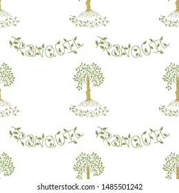 Cute seamless pattern with a ficus with green leaves and roots, lettering. White background. Hand drawn style illustration. Vector.