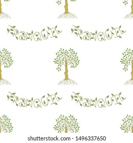 Cute seamless pattern with a ficus with green leaves and roots, lettering. White background. Hand drawn style illustration. Vector.