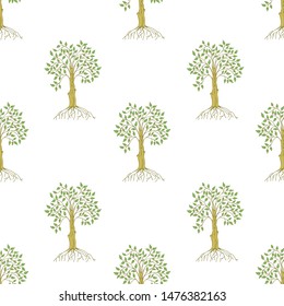 Cute seamless pattern with ficuses with green leaves and roots. White background. Hand drawn style illustration. Vector.