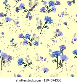 Cute seamless pattern with field plants arranged randomly on a light background. Vector with small bouquets of blue cornflowers and spikelets. Hand drawing for textile, wallpaper, tile.