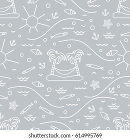 Cute seamless pattern with fish, island with palm trees and a hammock, anchor, sun, waves, seashells, starfish. Design for banner, poster or print.