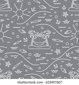 Cute seamless pattern with fish, island with palm trees and a hammock, anchor, sun, waves, seashells, starfish. Design for banner, poster or print.