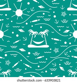 Cute seamless pattern with fish, island with palm trees and a hammock, anchor, sun, waves, seashells, starfish. Design for banner, poster or print.