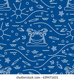 Cute seamless pattern with fish, island with palm trees and a hammock, anchor, sun, waves, seashells, starfish. Design for banner, poster or print.