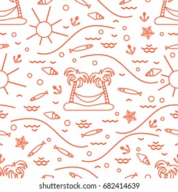 Cute seamless pattern with fish, island with palm trees and a hammock, anchor, sun, waves, seashells, starfish. Design for banner, poster or print.