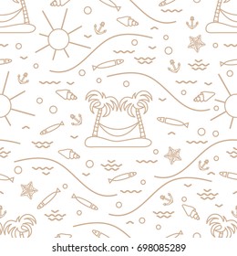 Cute seamless pattern with fish, island with palm trees and a hammock, anchor, sun, waves, seashells, starfish. Design for banner, poster or print.