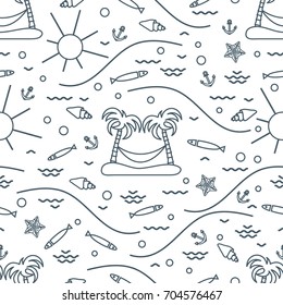 Cute seamless pattern with fish, island with palm trees and a hammock, anchor, sun, waves, seashells, starfish. Design for banner, poster or print.