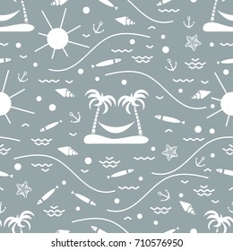 Cute seamless pattern with fish, island with palm trees and a hammock, anchor, sun, waves, seashells, starfish. Design for banner, poster or print.