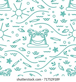 Cute seamless pattern with fish, island with palm trees and a hammock, anchor, sun, waves, seashells, starfish. Design for banner, poster or print.